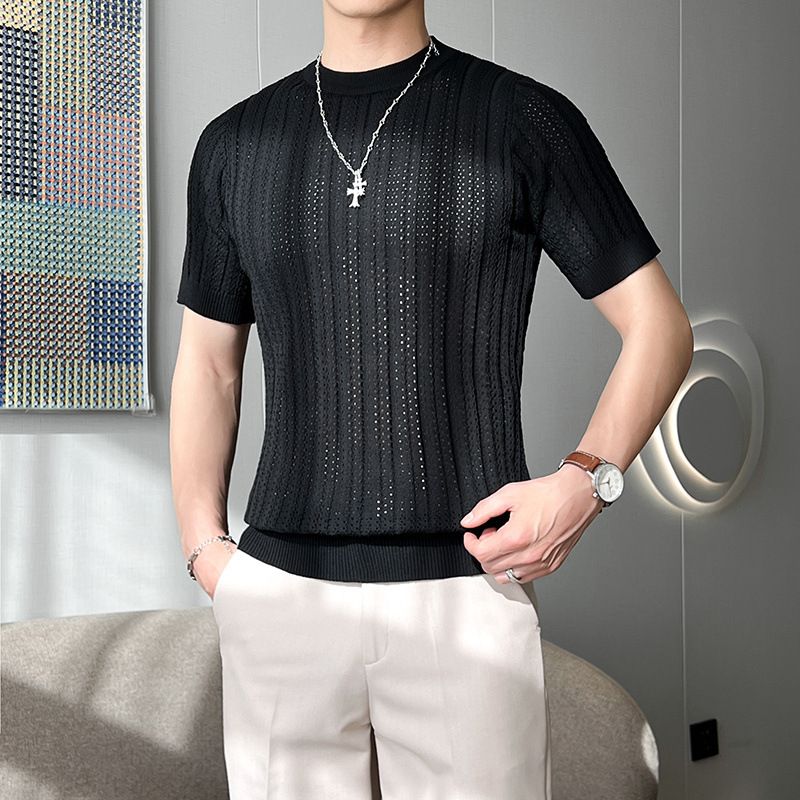 Pull en maille à col rond et manches courtes pour homme, texture creuse, coupe slim en soie glacée britannique mature_voghion.com
