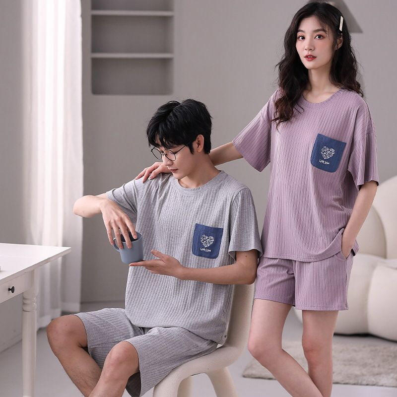 Summer couple pajamas, short sleeved shorts, pull-up frame, modal, men's women's loose and breathable, student home_voghion.com