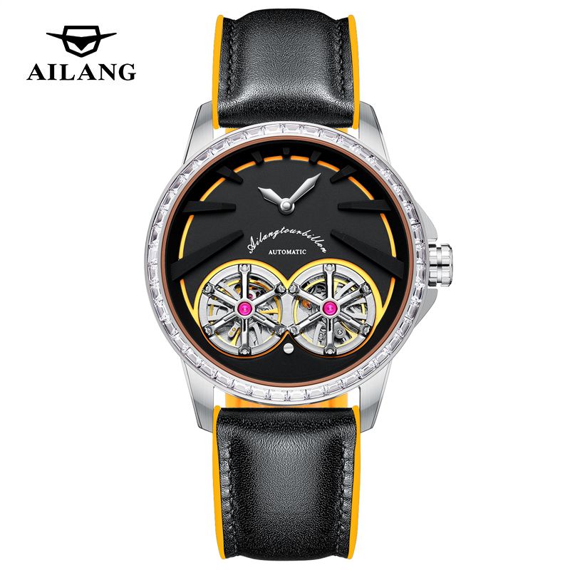 AILANG Original Marke Herren Doppel Tourbillon Uhr Mode Lederband Wasserdicht Luxus Diamant Lünette Mechanische Uhren Männer_voghion.com