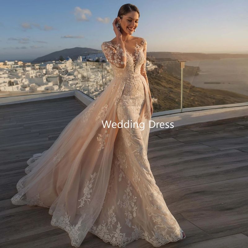 Vêtements pour femmes 2024 nouvelle princesse mariée robe de mariée queue de poisson blanche traînante transparente dos nu robe de mariée en dentelle l ensemble deux pièces_voghion.com