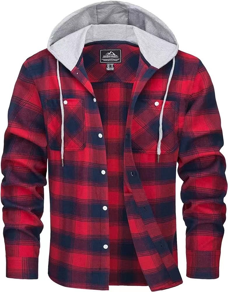 Ανδρικά Ρούχα Φθινόπωρο και Χειμώνας Καυτό Ανδρικό Φανελένιο Πουκάμισο Βαμβακερό Μακρυμάνικο Καρό Πουκάμισο Casual Πουκάμισο με Κουκούλα_voghion.com