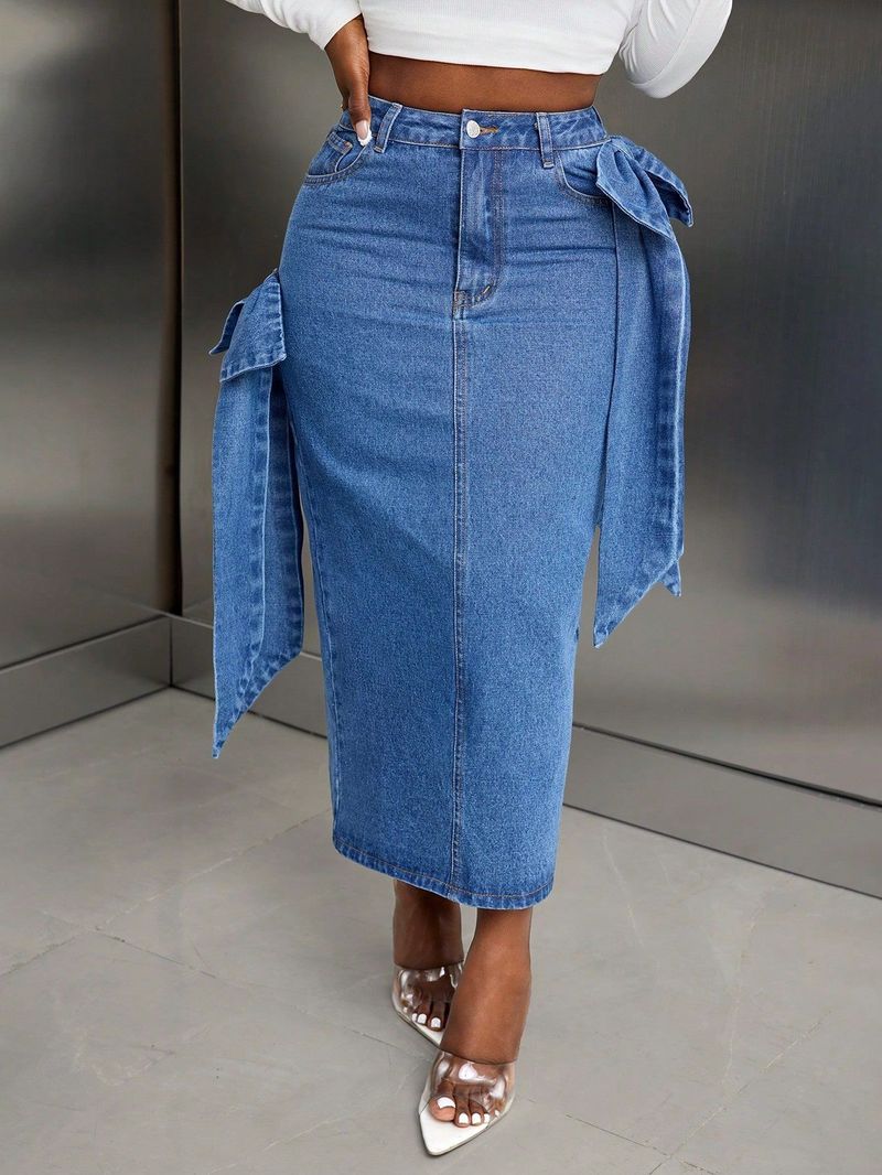 Women's Clothing Stitching Bow Design High Waist Denim Skirt_voghion.com