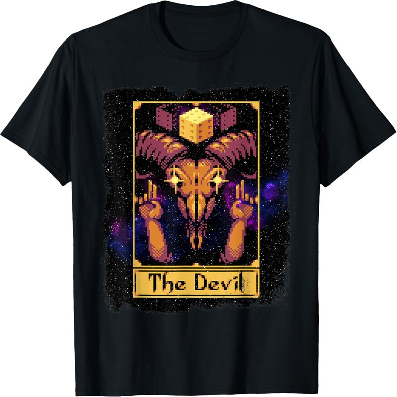 Vintage-T-Shirt mit Tarotkarten-Deck-Design „The Devil“ von Galaxy für Herren und Damen._voghion.com
