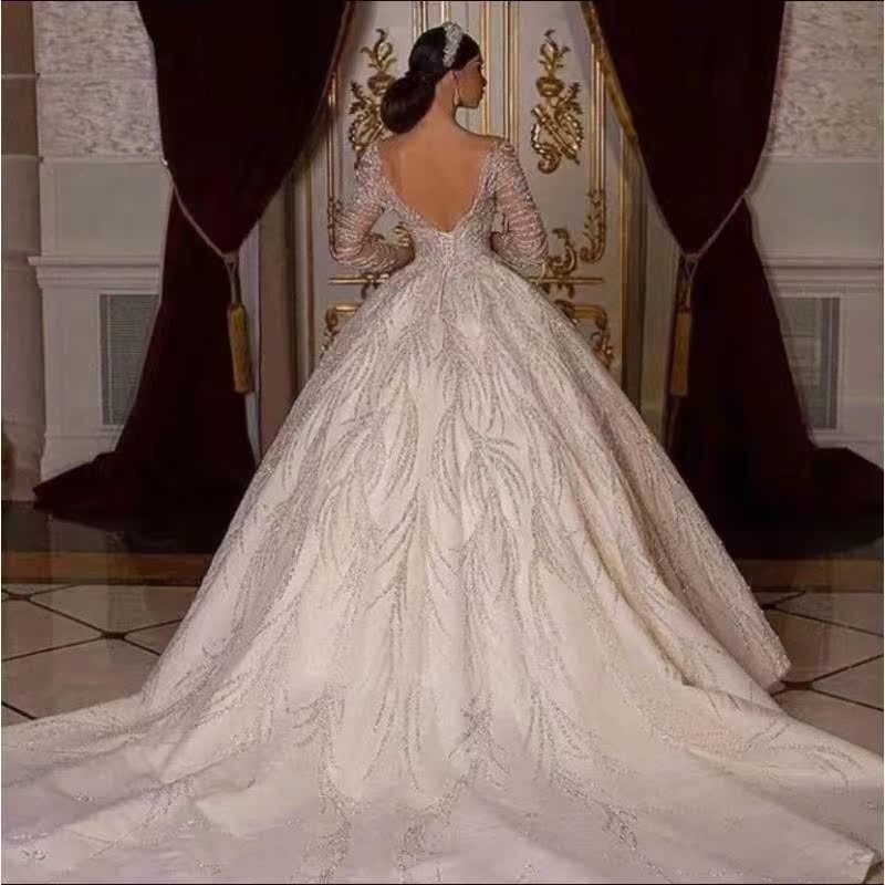 Vestido de noiva principal da noiva, luxuoso bordado com contas de renda, vestido de noiva principal longo e sexy com decote em V, vestido de noiva da noiva para mulheres_voghion.com