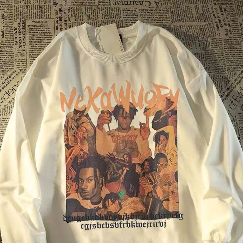 100% Cotton American Hip-Hop Character Print Long Sleeve T-Shirt For Men Women, Autumn And Winter National Trend Brand_voghion.com