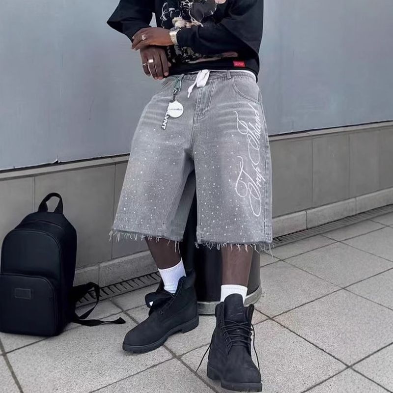 Pantaloncini estivi casual da uomo, lunghezza al ginocchio, alla moda, con lettere ricamate, decorazioni in strass lucidi e tasche._voghion.com