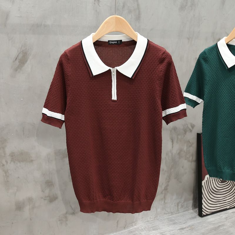 Herrenbekleidung Sommer Strickrevers Slim Ins Herren Poloshirt Schnelltrocknende Eisseide Einfache Einfarbige Textur Kurzarm T-Shirt Top_voghion.com
