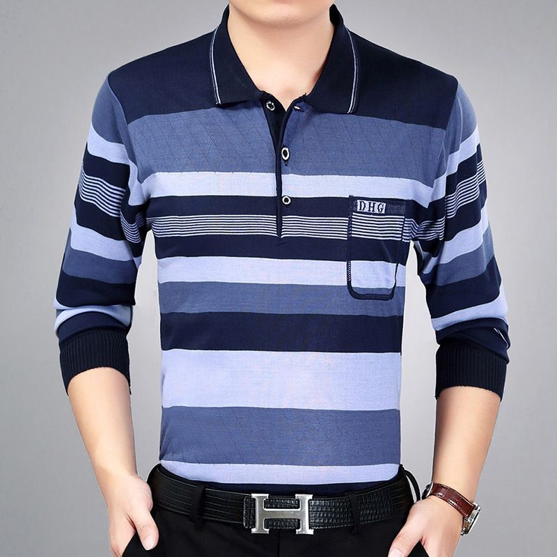 Herrenbekleidung Neue Herren Langarm T-Shirt Herren Revers gestreifter Strickpullover für Herren mittleren Alters_voghion.com
