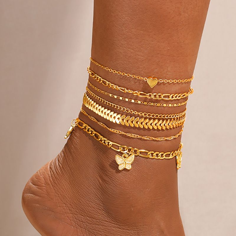 New Gold Heart Butterfly Pendant Multi-layer Beach Airplane Chain Anklet 7-piece Set_voghion.com