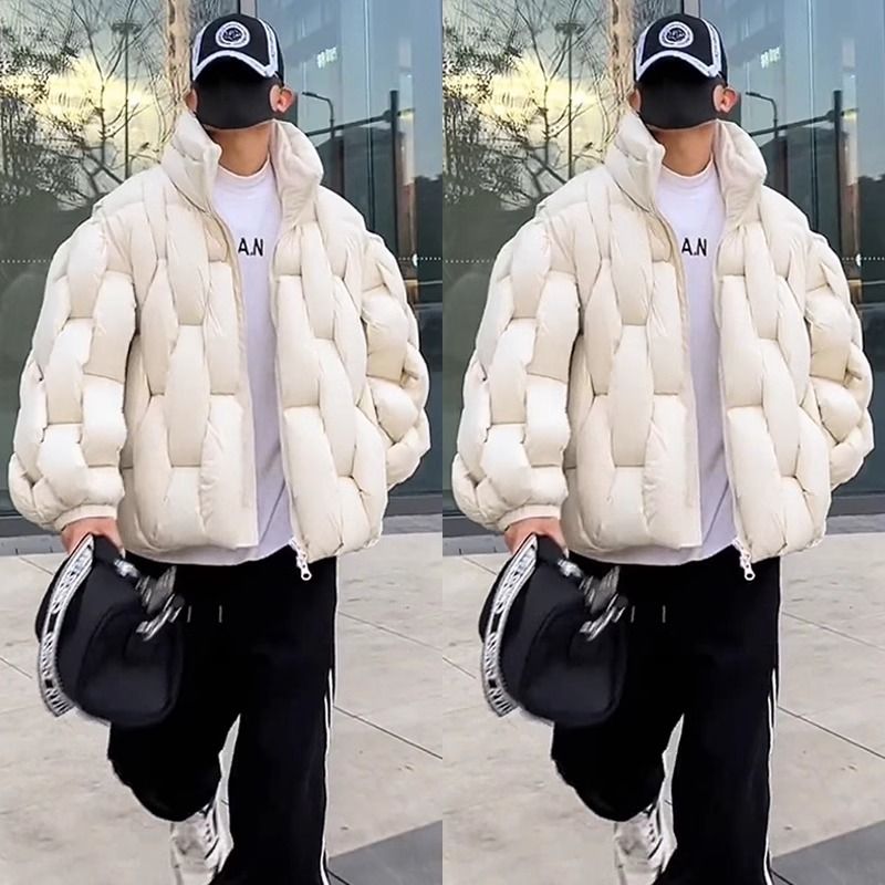 Clothing Men's Winter New Stand Collar Loose Warm Thickened Solid Color Couple Style Puffer Jacket Cotton Coat_voghion.com