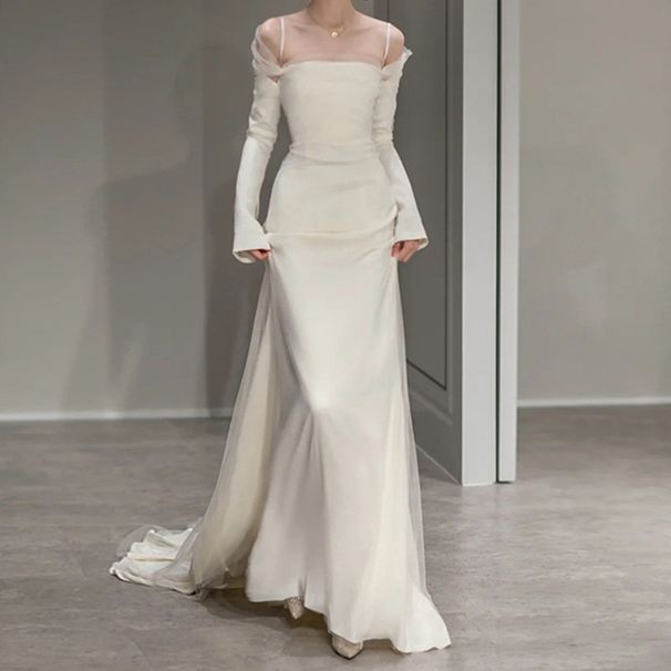 Elegant Off-Shoulder Mermaid Wedding Dress With Long Sleeves – French-Inspired Satin Bridal Gown For Bride, Simple & Chic With Small Train_voghion.com