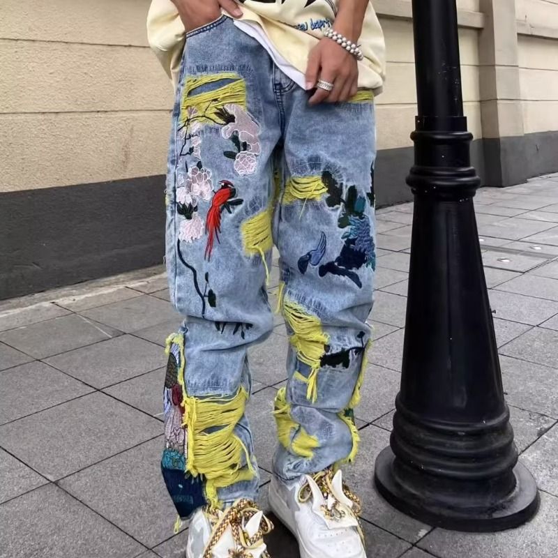 Abbigliamento da uomo Pantaloni lunghi da uomo in jeans strappati con ricami pesanti_voghion.com