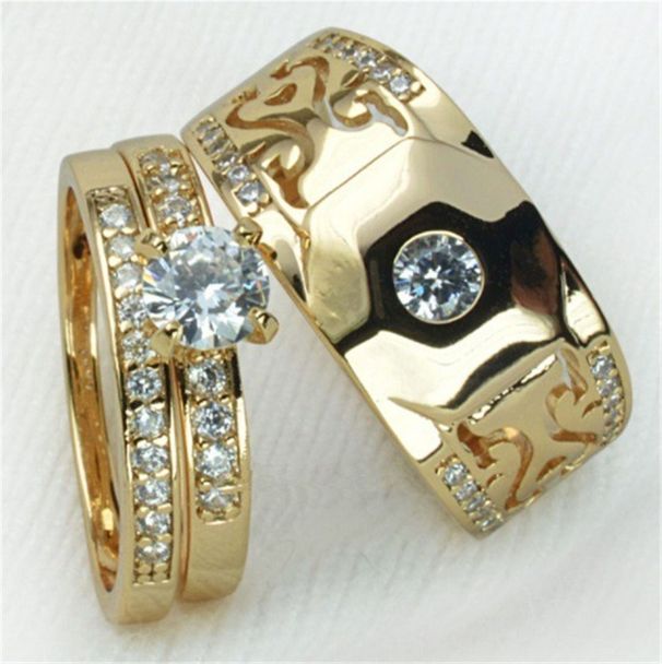 Anello di fidanzamento con diamanti simulati placcati in oro, da uomo e da donna_voghion.com