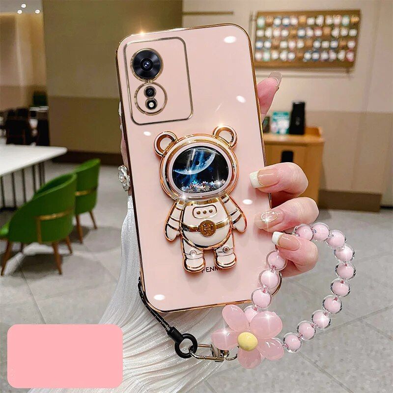 Flower Bracelet Case For OPPO Reno 7 A57S A74 A53 A17 A57 A16 A77 A95 5G A78 A94 A77S A54 A72 Quicksand Astronaut Stand_voghion.com