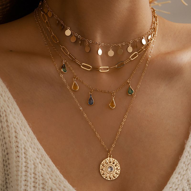 Collier bohème ethnique rétro pour femmes, chaîne de cou à pompon géométrique avec pendentif en forme de disque concave-convexe et strass, collier à 4 couches_voghion.com