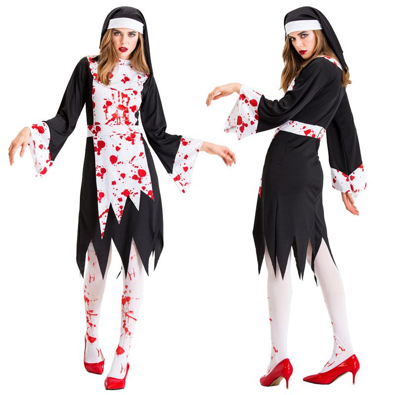 Halloween black vampire costume, nun priest zombie character uniform, cosplay stage performance costume_voghion.com