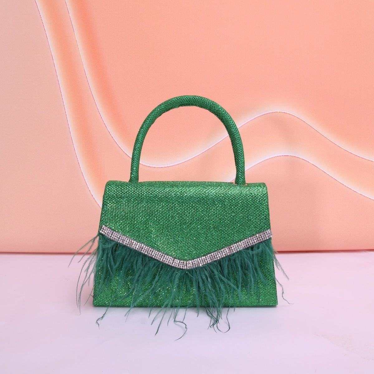 Damestassen Nieuwe Stijl Fijne Glitterstof Veer Patch Diamant Avondtas Flap Patch Diamant Riem Veer Pluche Ontwerp Handtas_voghion.com