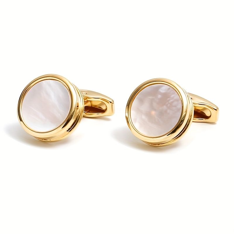 Gemelli rotondi in oro con conchiglia retrò, gemelli francesi interamente in rame per camicia, per matrimoni, feste e anniversari_voghion.com