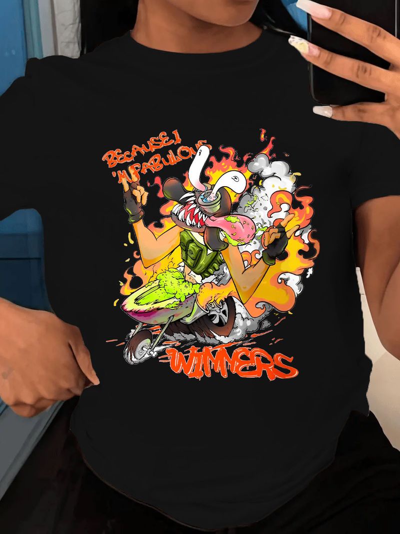 Damen-T-Shirt mit Cartoon-Aufdruck, großes Rundhalsausschnitt, lockeres T-Shirt_voghion.com