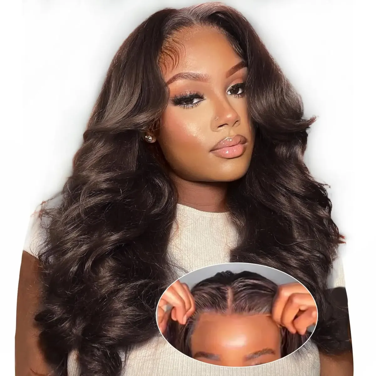 Schokoladenbraune, klebefreie Perücke, 4 x 4 Verschluss, gewellte Spitzenfrontperücke, Echthaar, für Frauen_voghion.com