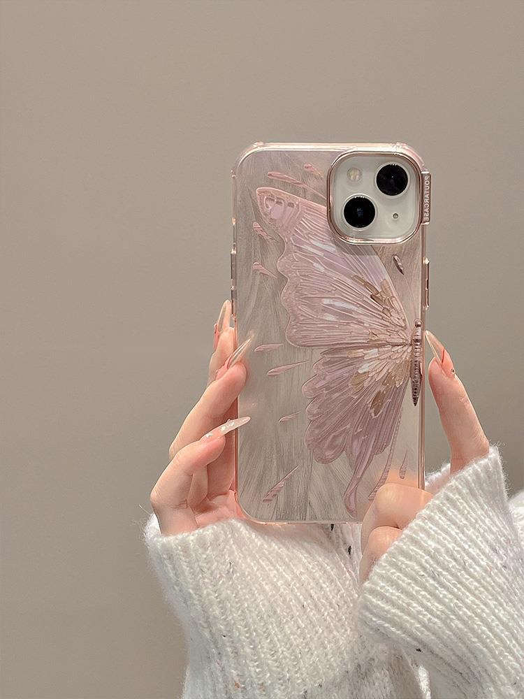 Advanced feeling electroplated pink butterfly suitable for iPhone Promax case, 16 new model, 12 luxurious feather_voghion.com