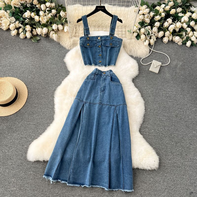 Women's  retro denim suit for women, hot girl style, short camisole, versatile high waist skirt, fashionable two-piece suit_voghion.com