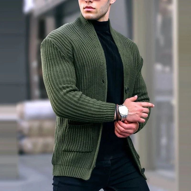 Roupas Europeu Americano Moda Cardigan Manga Comprida Solto Cor Sólida Bolso Botão Slim Fit Masculino Outono E_voghion.com