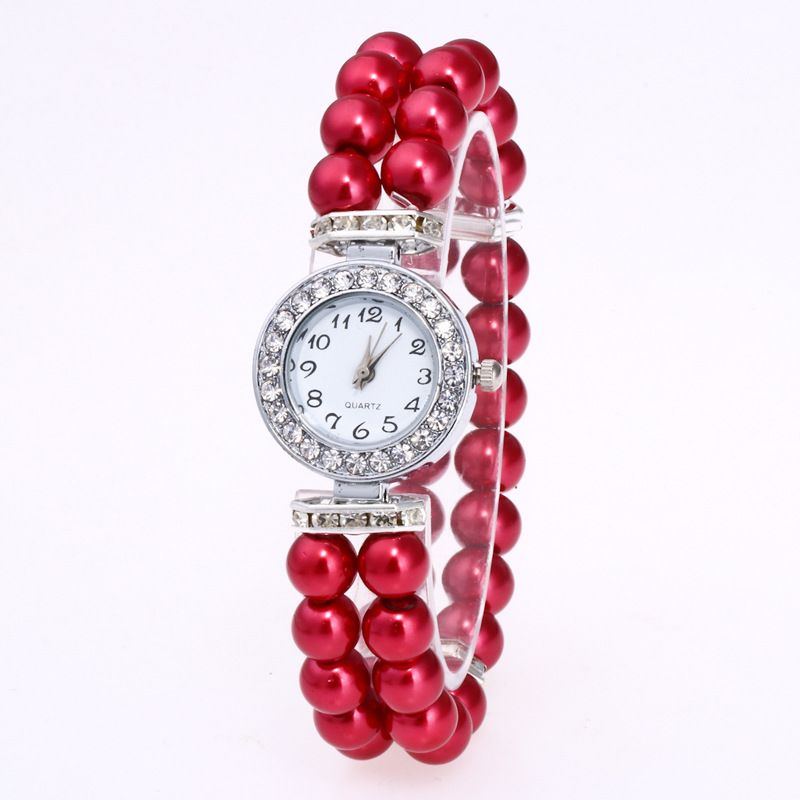 Ronde diamant versierde prachtige kleine wijzerplaat casual dames glas parel ketting quartz horloge_voghion.com