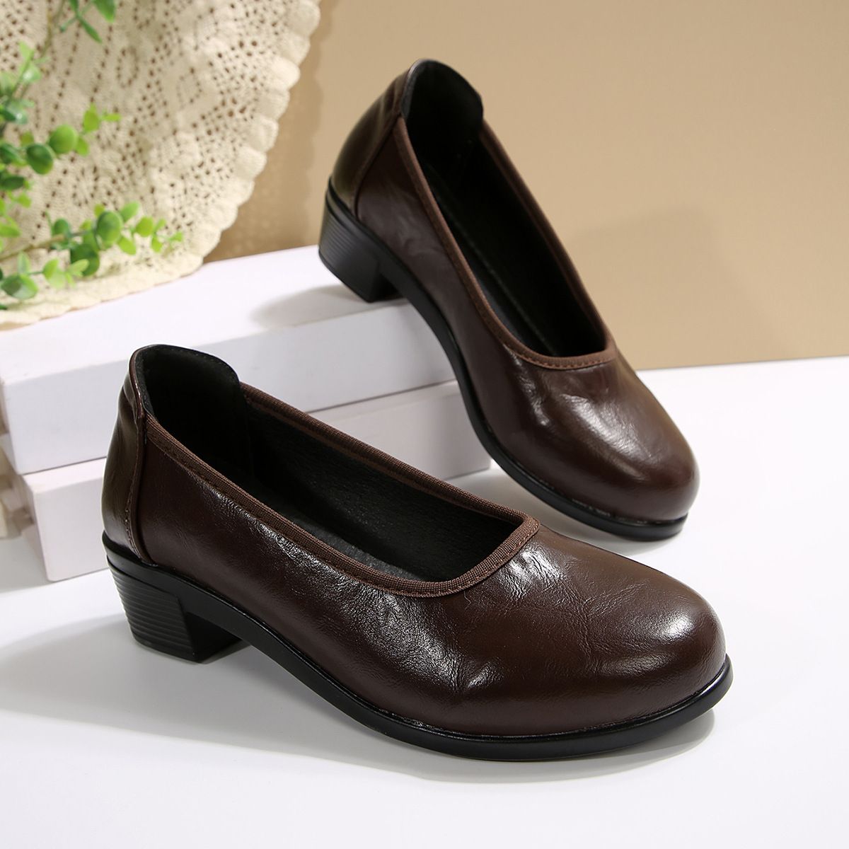 Shoes Genuine Leather Round Toe Shallow Thick Heel Single Shoes Comfortable Soft Sole Professional Work Leather Shoes Mid Heel_voghion.com