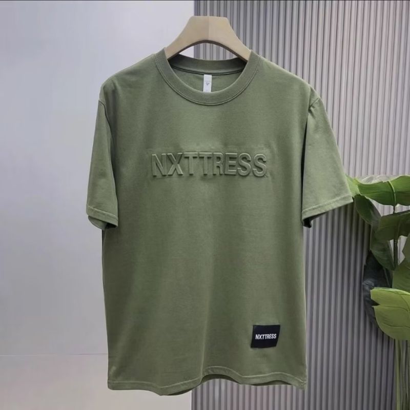 Men's Clothing Summer Pure Cotton Three Dimensional Letter Short Sleeved Textured T Shirt Men's Handsome Loose Bottoming Shirt Steel Print Trendy Half_voghion.com