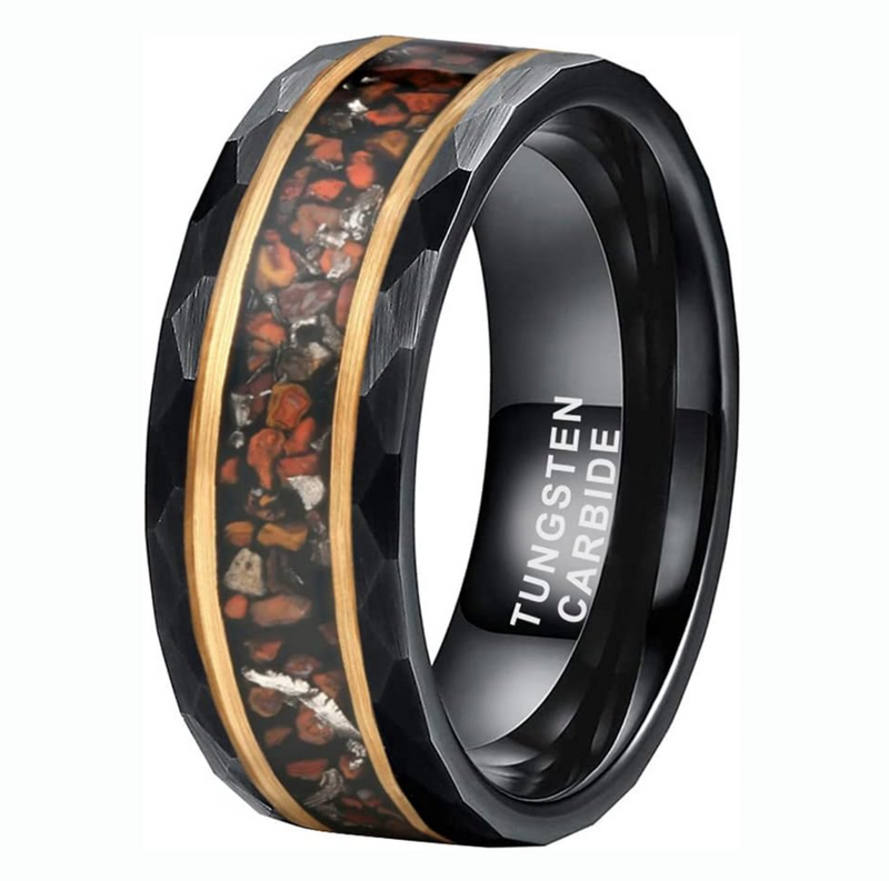 Ring aus Dinosaurierknochen und Meteorit, Ehering für Herren, bequeme Passform, 8 mm, Wolfram-Dinosaurierknochenring_voghion.com