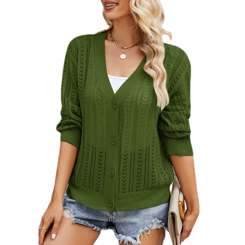 Hul langærmet strik cardigan til kvinder efterårsmode alsidig strikket sweater med knapper yderbeklædning_voghion.com