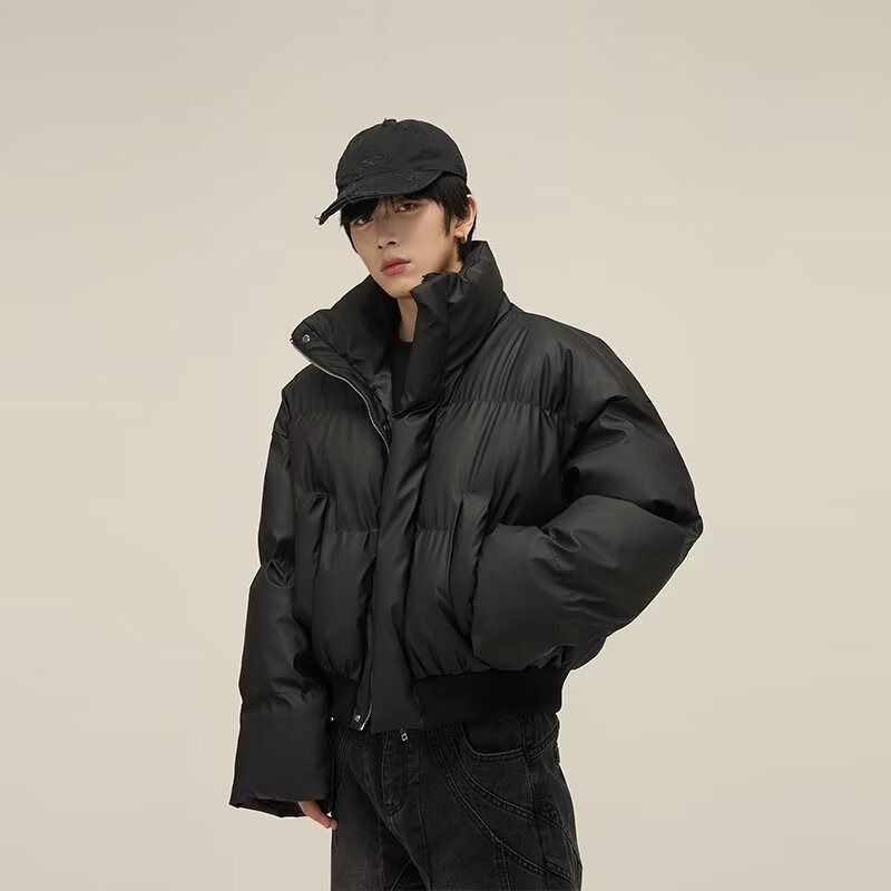 Men's Clothing Autumn and Winter Pu Leather Cotton Coat, Loose Stand Up Collar Cotton Coat, Short Sleeved Jacket, Motorcycle Zipper Jacket_voghion.com