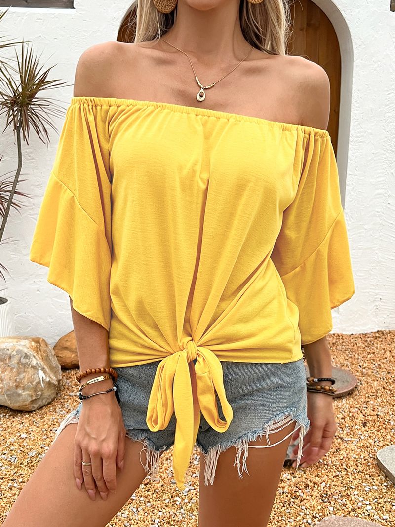 Maglietta casual da donna con spalle scoperte e tinta unita – Elegante e comoda camicetta a maniche lunghe per l'estate e l'autunno_voghion.com
