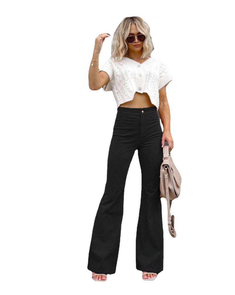Damenbekleidung neue Herbst einfarbig Cord Temperament Damenhose Bootcut-Hose hoch taillierte Freizeithose_voghion.com