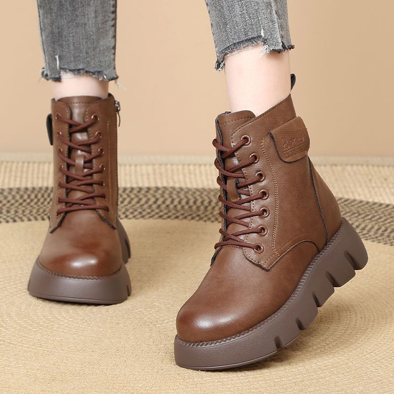 Leather fur integrated snow winter new wool thickened Martin women's short boots, plush and warm cotton shoes_voghion.com