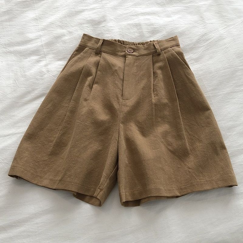 Roupas femininas retrô cintura alta emagrecimento linho perna larga shorts casual terno_voghion.com