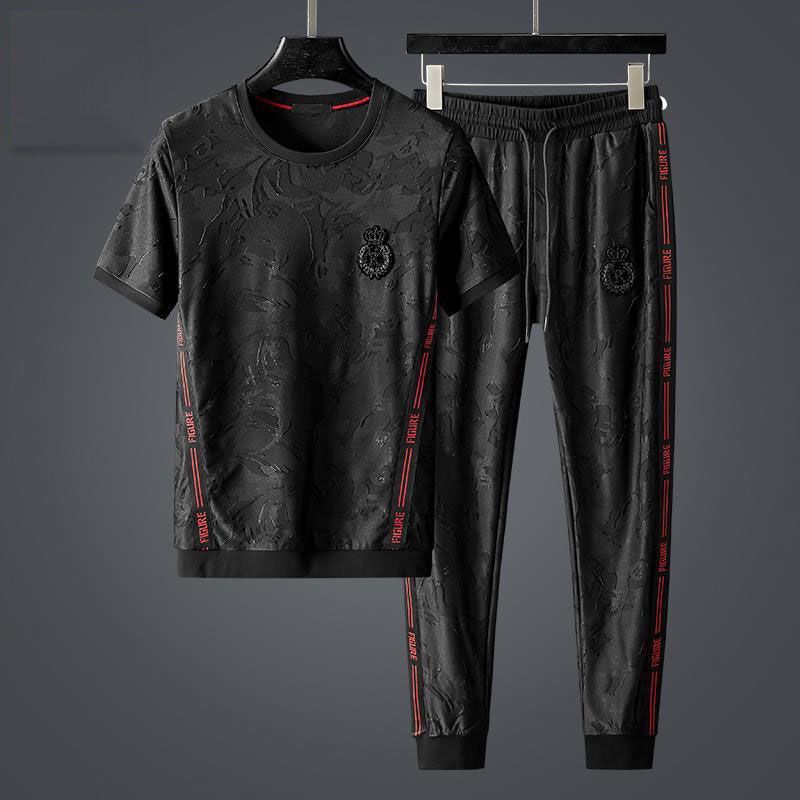 Men's Clothing High-end light luxury short-sleeved two-piece suit for men  new summer fashion brand jacquard casual sports suit for men large size_voghion.com