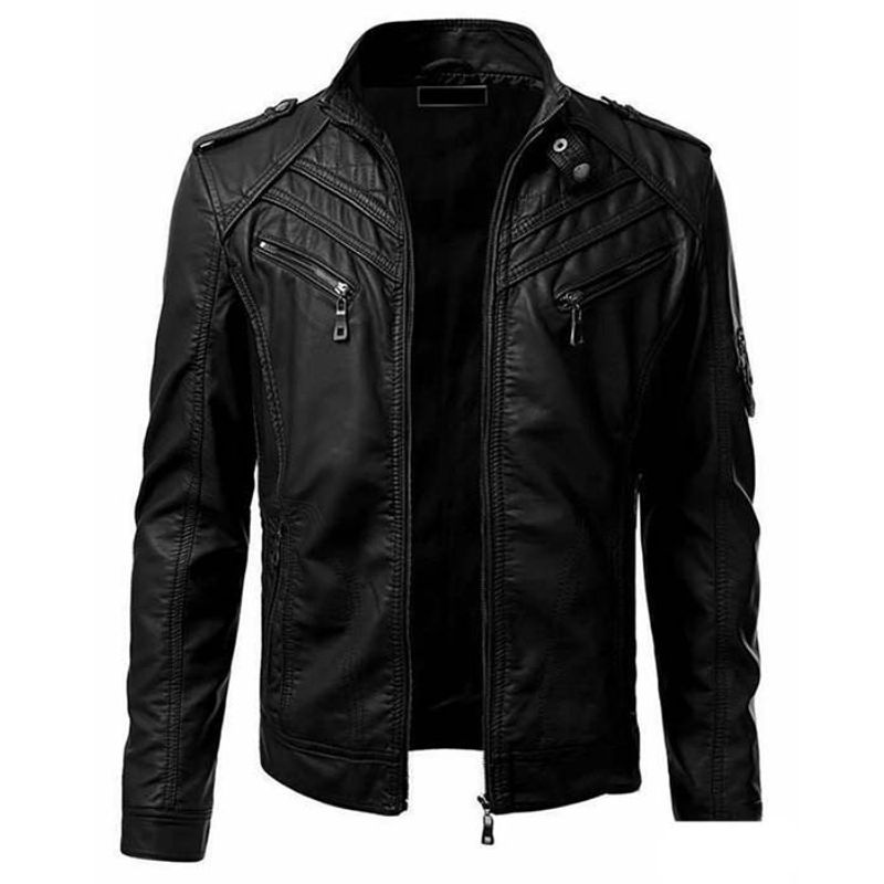 Pelle casual autunnale 2024 con giacca da uomo con colletto rialzato patchwork di colore_voghion.com