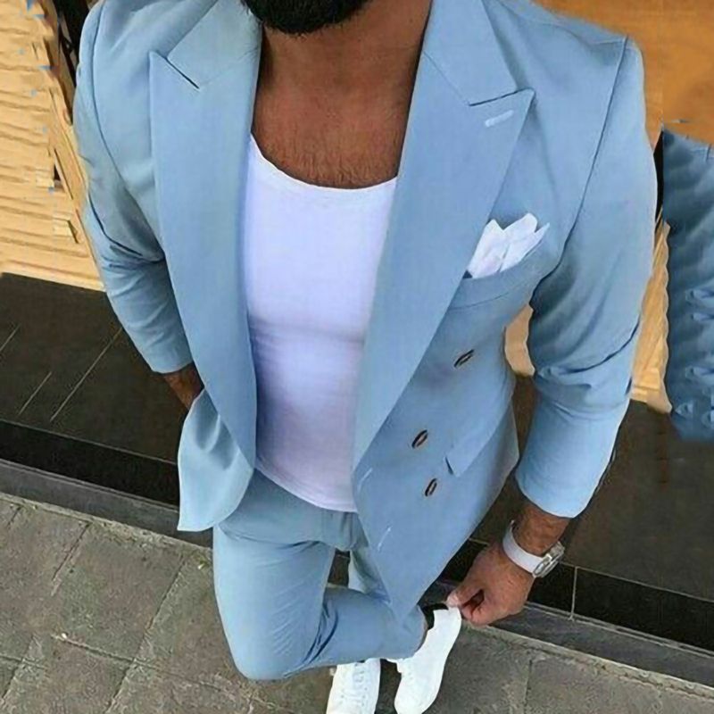 Terno masculino azul de negócios casual de duas peças para padrinho de casamento_voghion.com