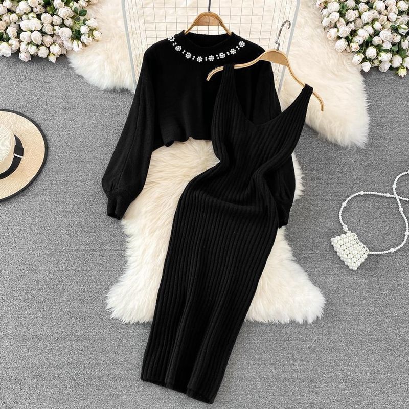 Abbigliamento donna nuovo autunno e inverno vestito girocollo perline vita alta maglione fianchi due pezzi vestito lavorato a maglia alla moda tendenza donna_voghion.com