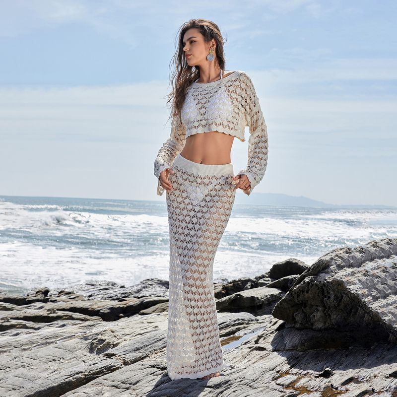Women's Knitted Beach Cover-Up Blouse - Solid Color Bikini Set With Sun Protection, European & American Style​_voghion.com