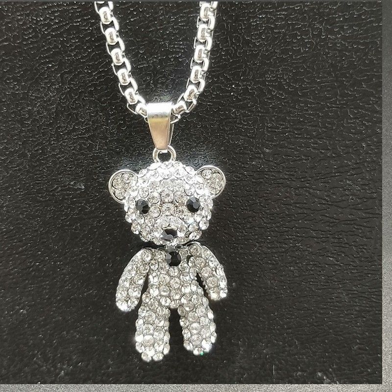 Cute full diamond stainless steel titanium steel bear necklace sweater chain high end female versatile long niche design pendant_voghion.com