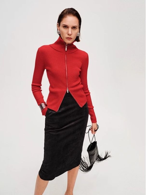 American Style High-End Black Double Zipper Knitted Cardigan For Women, Autumn And Winter Slim Fit Turtleneck Sweater_voghion.com