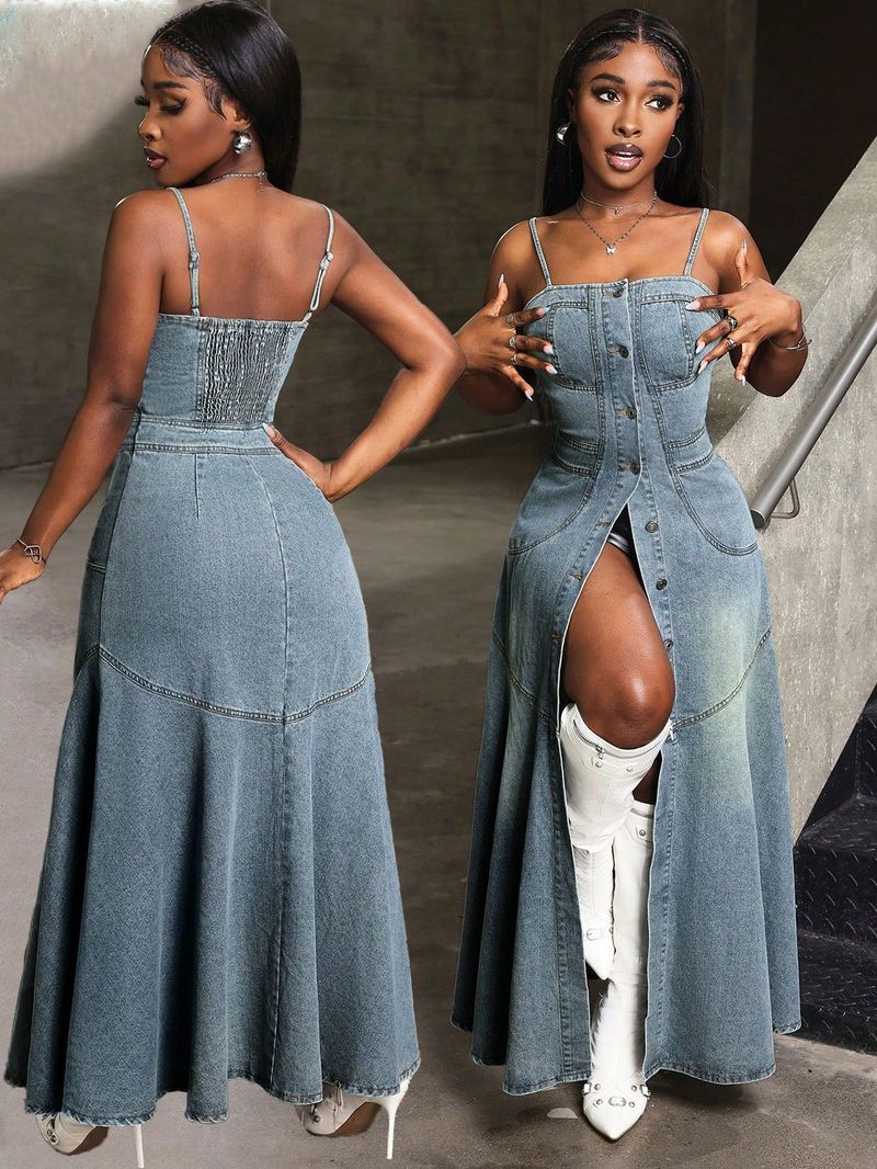 Dameskleding Mode Temperament Middellange Enkelrijs Jarretel Denim Jurk_voghion.com