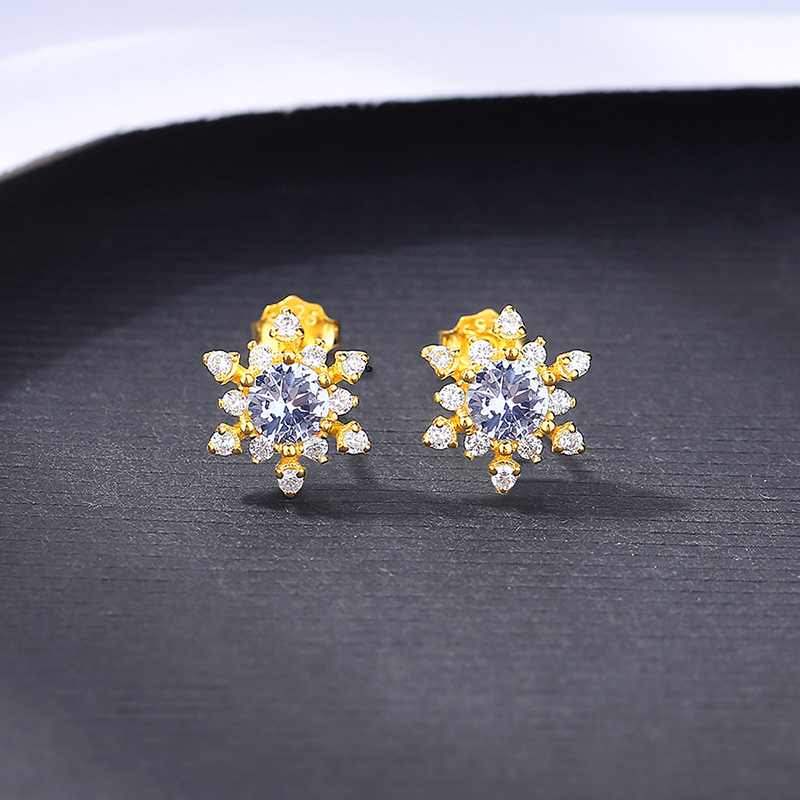 Eleganti orecchini a bottone con fiocchi di neve in argento sterling con pietre preziose sintetiche blu, zirconi cubici placcati 14k_voghion.com