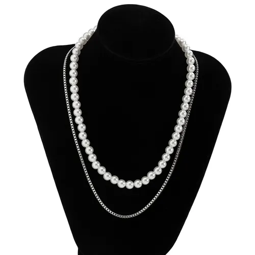 Hip-Hop Geometric Iron Pearl Chain Men'S Layered Necklaces_voghion.com