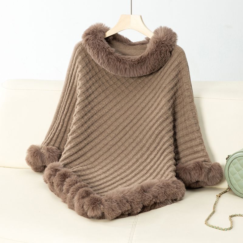 Damenbekleidung einfarbiger Pullover mit Pelzkragen, dicker Retro-Karo-Strickumhang_voghion.com