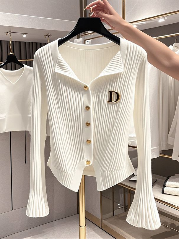 Naisten vaatteet Valkoinen trumpettihihainen neuletakki naisille alkusyksylle Uusi Slim Fit toppi_voghion.com