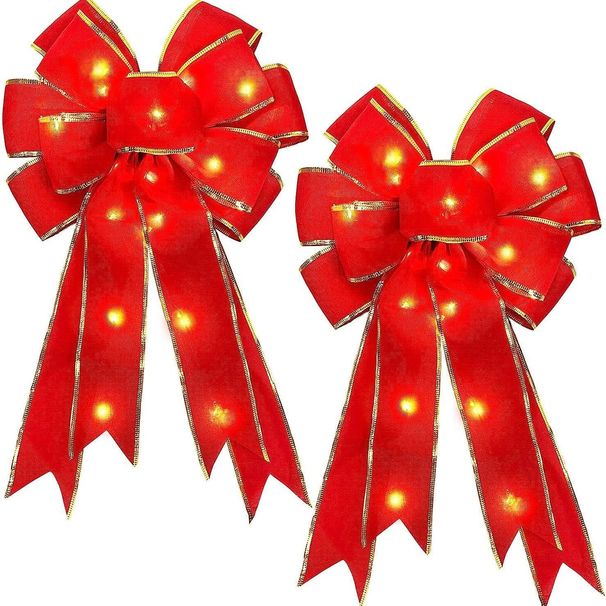 Luxuriöse Schleife aus Samt für Weihnachtsbaumspitzen – großes 28 x 50 cm großes DIY-Dekoband mit/ohne Lichter (2er-Pack, Rot)_voghion.com